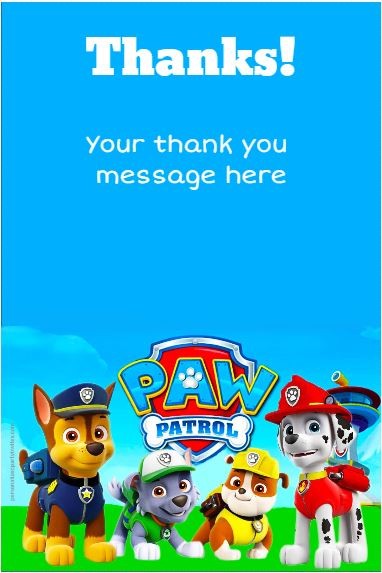 Paw Patrol Thank You Card Personalized Party Invites