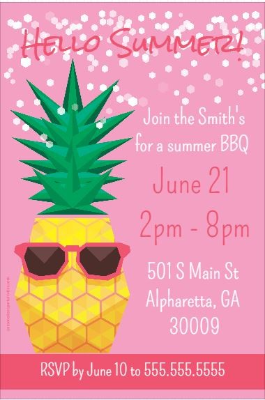 Pineapple with Sunglasses Summer Theme Party Invitation