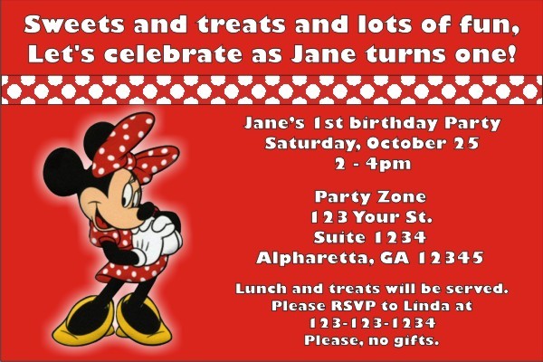 Personalised Red Dress Minnie Mouse Birthday Party Invites inc envelopes M6