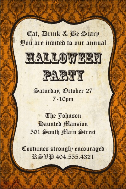 Orange Damask Halloween Party Invitation