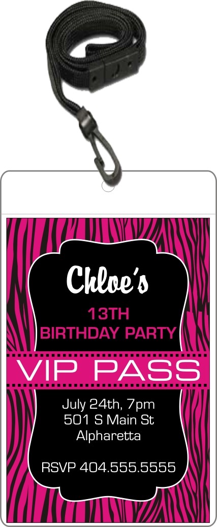 Zebra print VIP pass birthday party invitation with lanyard