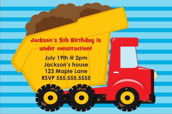 Construction Dump Truck  Birthday Party Invitations Personalized Custom