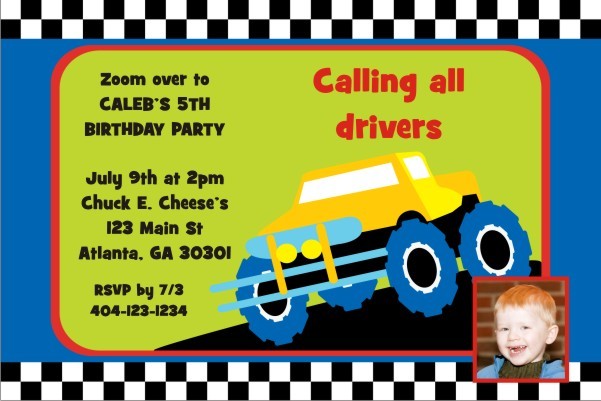 Monster Truck Invitation with Optional Photo - Checkered Border