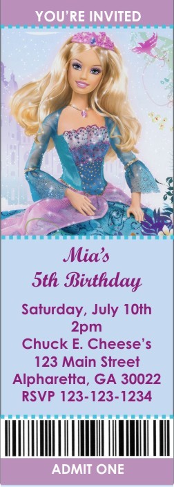 Barbie Princess Ticket Style Invitations (2.5x7)