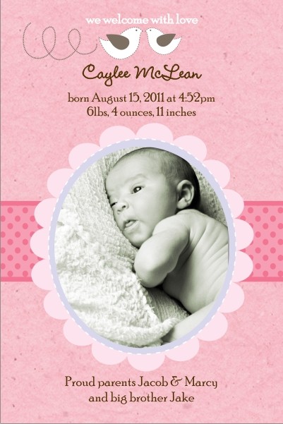 Little Birds Pink Girl Photo Birth Announcement Card