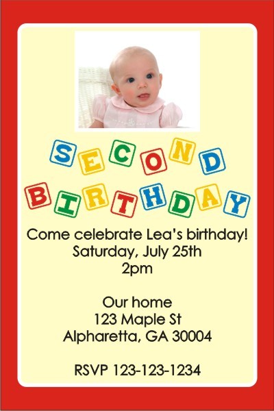 2nd Second Birthday Photo Invitation (Blocks) ALL COLORS