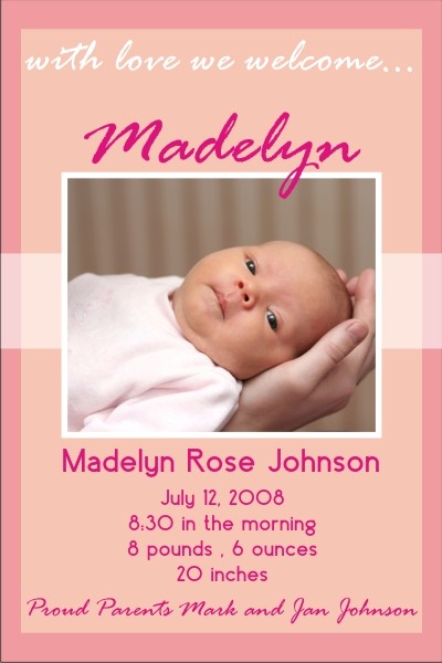 Newborn Baby Birth Announcement 2 (pink)