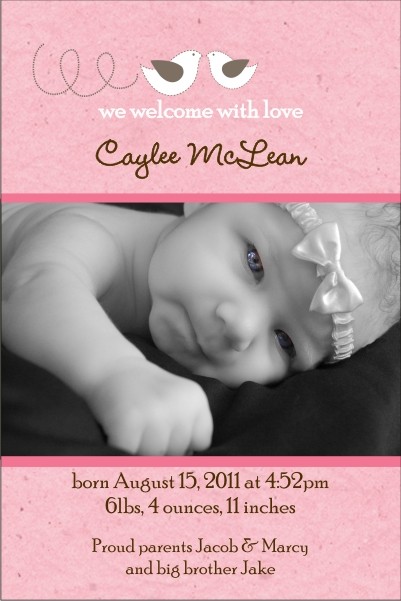 Precious Birds Pink Girl Photo Birth Announcement Card