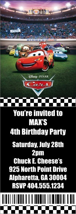 Cars Ticket Style Invitations (2.5x7)