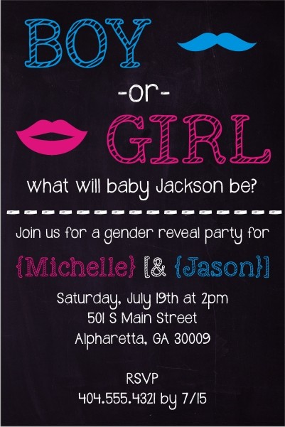 Gender Reveal Mustache Lips Chalkboard Style Baby Shower Invitation