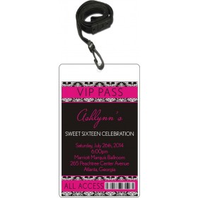 Pink Black Damask VIP Pass Invitation with Lanyard