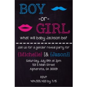 Gender Reveal Mustache Lips Chalkboard Style Baby Shower Invitation