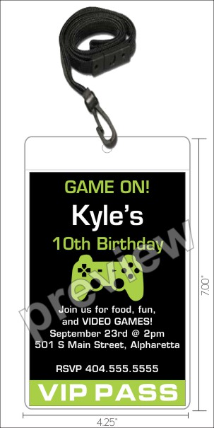 Video Game VIP Pass birthday party invitation