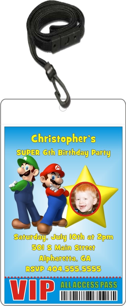Super Mario Luigi VIP Pass Invitation with Lanyard